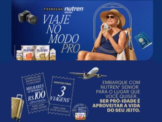 Banner publicitário da promoção Nutren Senior intitulada Viaje no Modo Pro. A imagem mostra uma mulher madura aproveitando o sol, diversos produtos da linha e informações sobre prêmios em dinheiro e sorteio de viagens.