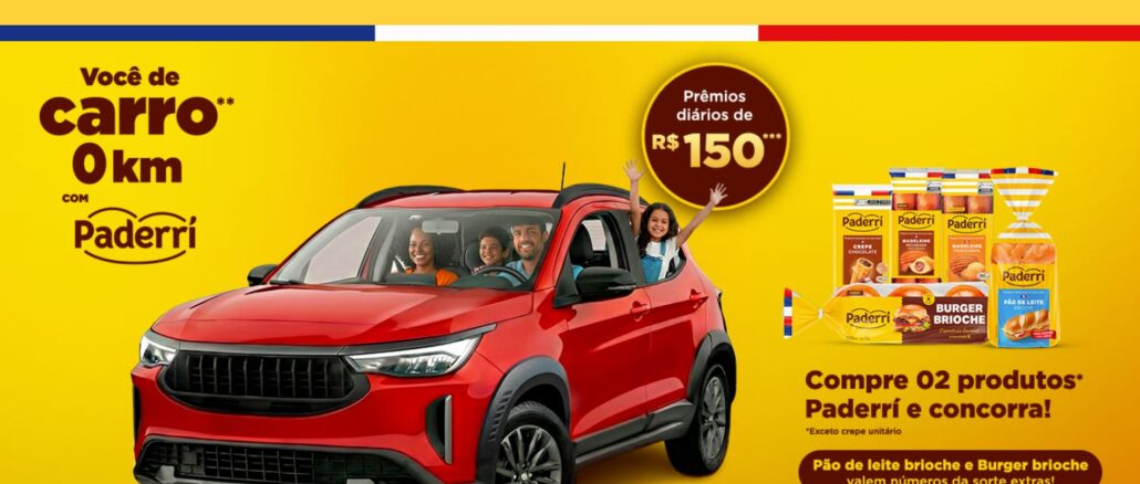 Banner promocional da marca Paderrí com fundo amarelo destacando um carro SUV vermelho, uma família feliz e diversos produtos de panificação da linha.