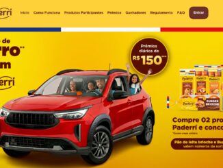 Banner promocional da marca Paderrí com fundo amarelo destacando um carro SUV vermelho, uma família feliz e diversos produtos de panificação da linha.