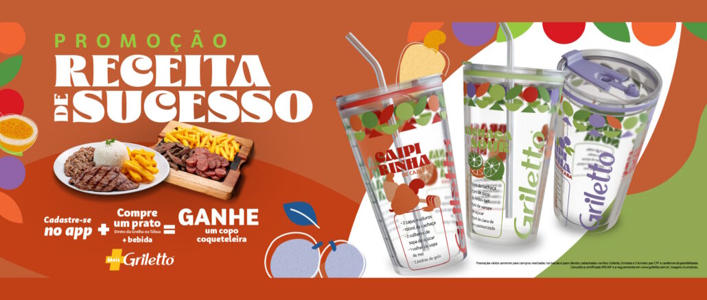 Promoção Receita de Sucesso Griletto Banner publicitário da promoção Receita de Sucesso do Griletto, apresentando pratos de comida e copos coqueteleira colecionáveis sobre um fundo laranja.