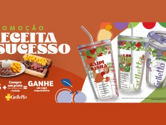 Banner publicitário da promoção Receita de Sucesso do Griletto, apresentando pratos de comida e copos coqueteleira colecionáveis sobre um fundo laranja.