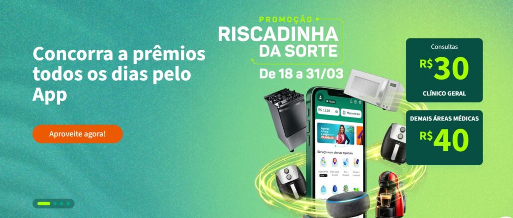 Banner publicitário da campanha Riscadinha da Sorte apresentando prêmios eletrônicos e eletrodomésticos em torno de um smartphone, com informações sobre valores de consultas médicas.