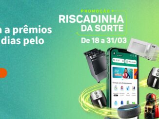Banner publicitário da campanha Riscadinha da Sorte apresentando prêmios eletrônicos e eletrodomésticos em torno de um smartphone, com informações sobre valores de consultas médicas.