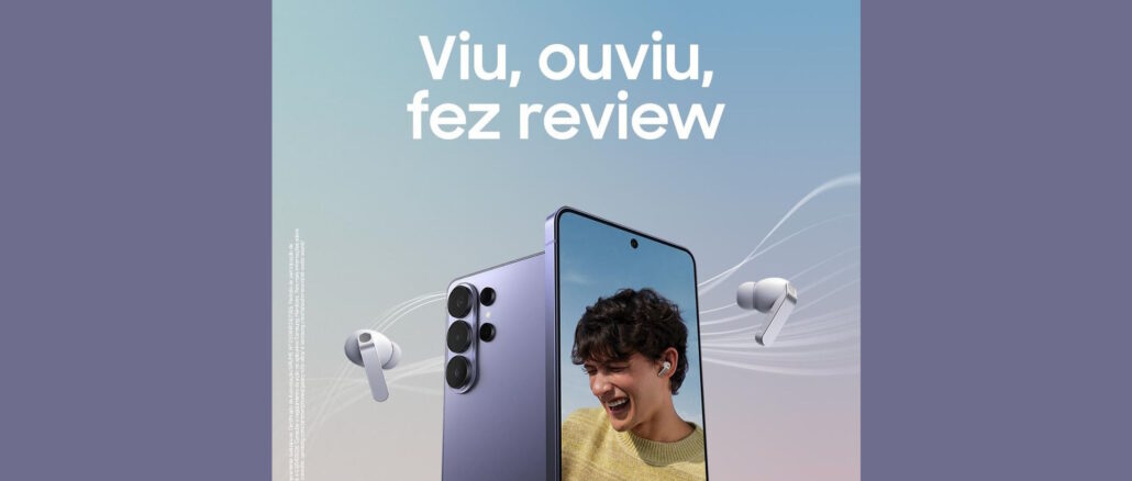 Promoção Samsung Viu Ouviu Fez Review Smartphone Samsung Galaxy S24 FE na cor violeta e fones de ouvido sem fio Galaxy Buds3 prata posicionados sobre um fundo degradê em tons de azul e lilás. O texto centralizado diz Viu, ouviu, fez review.