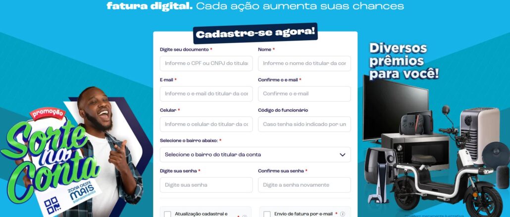 Publicidade da promoção Sorte na Conta da Zona Oeste Mais Saneamento. A imagem apresenta um homem sorridente à esquerda, um formulário de cadastro centralizado e uma variedade de prêmios à direita, incluindo uma scooter elétrica e eletrodomésticos, sobre um fundo azul.