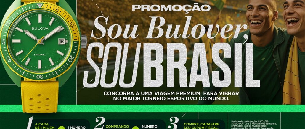 Anúncio da promoção Sou Bulover, Sou Brasil da Bulova apresentando um relógio verde e amarelo, dois torcedores vibrando e as regras para ganhar uma viagem premium.