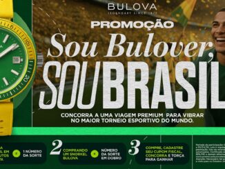 Anúncio da promoção Sou Bulover, Sou Brasil da Bulova apresentando um relógio verde e amarelo, dois torcedores vibrando e as regras para ganhar uma viagem premium.