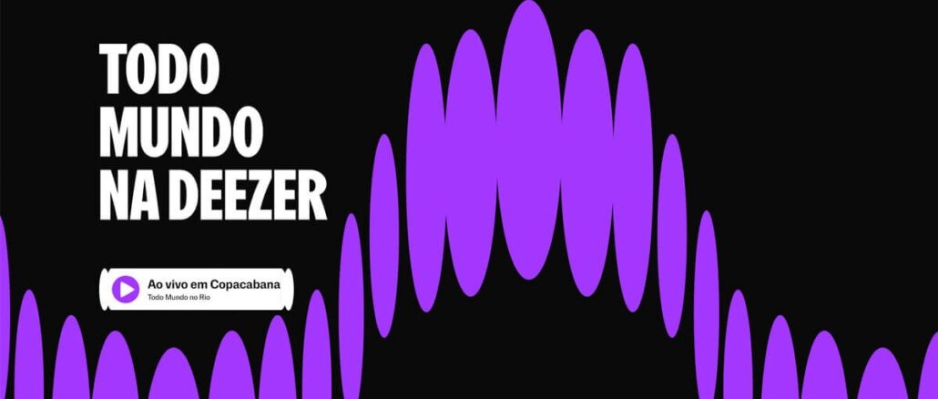 Promoção Todo Mundo na Deezer Imagem promocional da Deezer com fundo preto e ondas sonoras roxas. O texto em branco diz Todo Mundo na Deezer e um pequeno player indica o show Ao vivo em Copacabana.