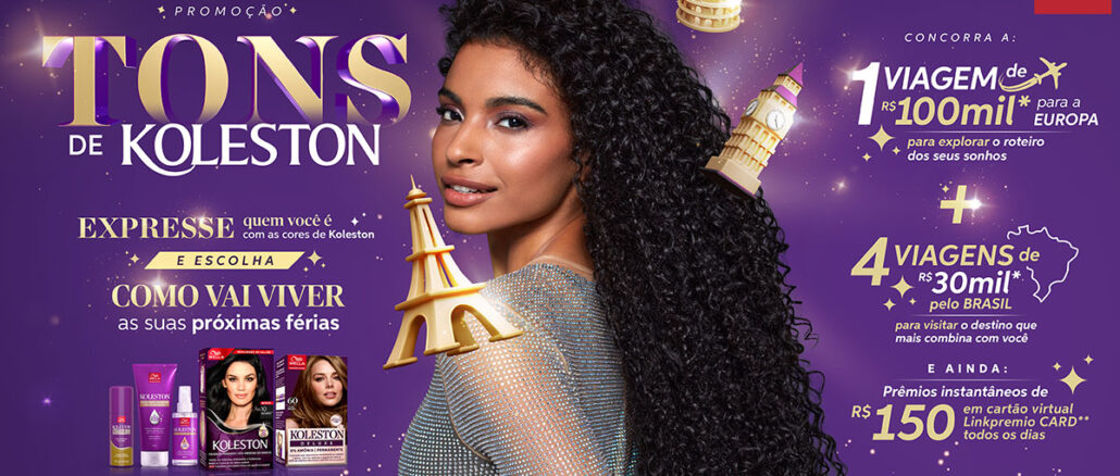 Anúncio da Promoção Tons de Koleston mostrando uma mulher negra com cabelos cacheados e longos ao lado de ícones de pontos turísticos e informações sobre prêmios de viagens.