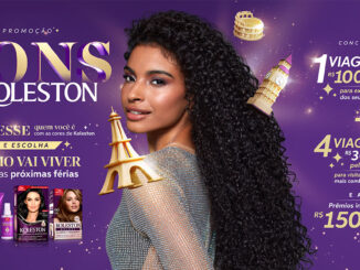 Anúncio da Promoção Tons de Koleston mostrando uma mulher negra com cabelos cacheados e longos ao lado de ícones de pontos turísticos e informações sobre prêmios de viagens.