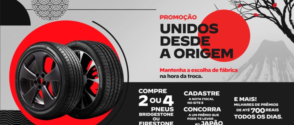Banner promocional da campanha Unidos desde a origem com pneus Bridgestone e Firestone. A imagem mescla elementos industriais com arte japonesa, destacando a chance de ganhar uma viagem ao Japão e prêmios em dinheiro.