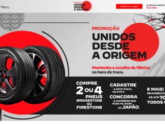 Banner promocional da campanha Unidos desde a origem com pneus Bridgestone e Firestone. A imagem mescla elementos industriais com arte japonesa, destacando a chance de ganhar uma viagem ao Japão e prêmios em dinheiro.