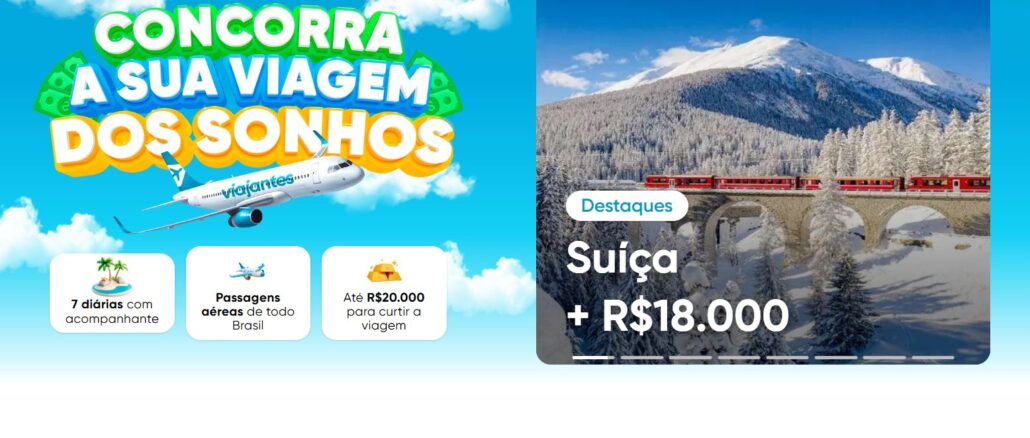 Banner promocional colorido com fundo azul e nuvens brancas anunciando o sorteio de uma viagem dos sonhos para a Suíça, incluindo passagens aéreas, hospedagem e prêmio em dinheiro.