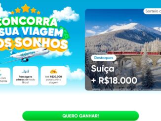 Banner promocional colorido com fundo azul e nuvens brancas anunciando o sorteio de uma viagem dos sonhos para a Suíça, incluindo passagens aéreas, hospedagem e prêmio em dinheiro.