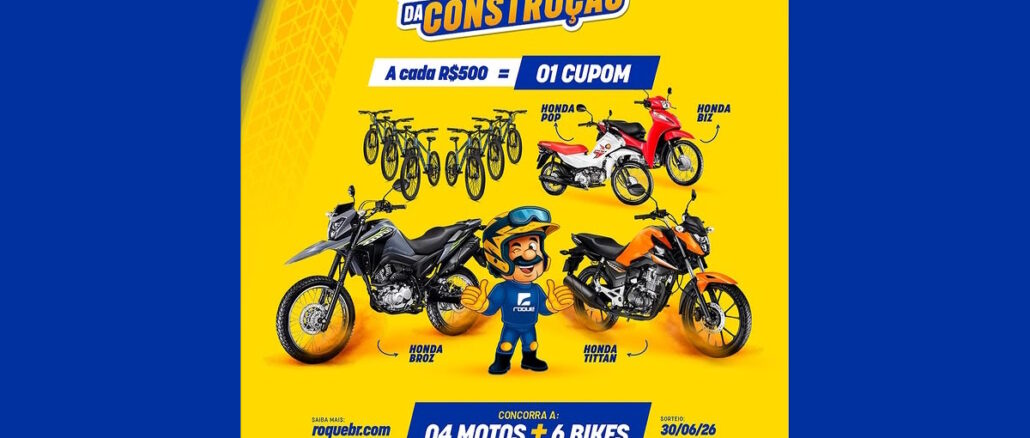 Anúncio da promoção Na Trilha da Construção da Roque Matcon Estrutural exibindo motos Honda, bicicletas e a regra de participação de um cupom a cada R$500 em compras.