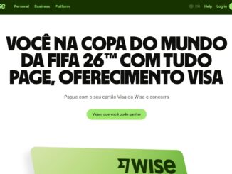 Banner da Wise e Visa para promoção da Copa do Mundo da FIFA 26, destacando que o uso do cartão permite concorrer a uma viagem com tudo pago para o evento.