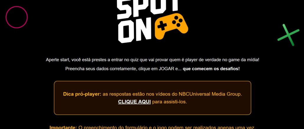 Banner promocional do quiz Spot On com logotipo estilizado e instruções sobre como participar do desafio de mídia da NBCUniversal.