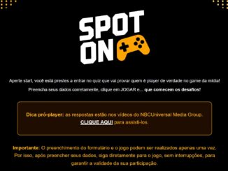 Banner promocional do quiz Spot On com logotipo estilizado e instruções sobre como participar do desafio de mídia da NBCUniversal.