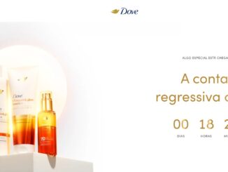 Anúncio da linha Dove UV repair e glow ferulico apresentando quatro produtos capilares sobre um pedestal branco à esquerda e um cronômetro digital indicando dezoito horas à direita em um fundo minimalista.