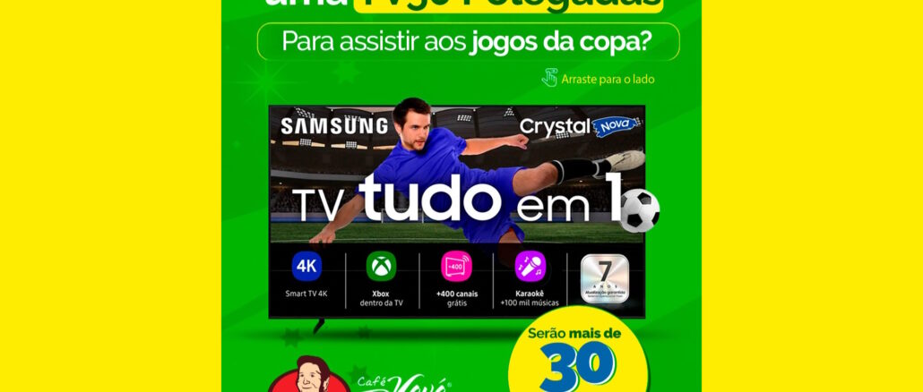 Anúncio promocional do Café Vovó Pureza sobre o sorteio de mais de 30 TVs Samsung de 50 polegadas com temática de futebol.