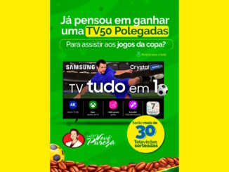 Anúncio promocional do Café Vovó Pureza sobre o sorteio de mais de 30 TVs Samsung de 50 polegadas com temática de futebol.