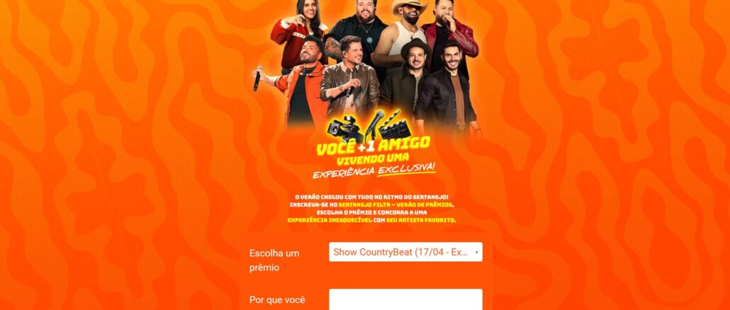 Banner promocional em tons de laranja com fotos de artistas sertanejos e um formulário para participar de uma promoção cultural.
