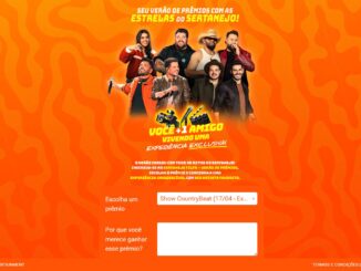 Banner promocional em tons de laranja com fotos de artistas sertanejos e um formulário para participar de uma promoção cultural.