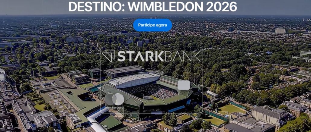 Vista aérea de uma cidade arborizada com o estádio de tênis de Wimbledon centralizado dentro da moldura de um cartão de crédito. No topo, o texto Stark Bank Experience: Destino: Wimbledon 2026 e um botão azul de ação com a frase Participe agora.