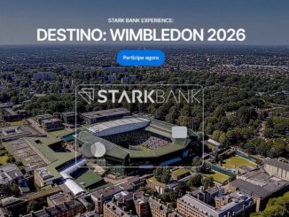 Vista aérea de uma cidade arborizada com o estádio de tênis de Wimbledon centralizado dentro da moldura de um cartão de crédito. No topo, o texto Stark Bank Experience: Destino: Wimbledon 2026 e um botão azul de ação com a frase Participe agora.