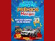 Cartaz da promoção Show de Prêmios do Supermercado Menger em comemoração aos seus 30 anos. A imagem apresenta diversos prêmios como um carro branco, uma moto preta, televisores e cartões de vales-compra sobre um pódio vermelho com fundo azul festivo.