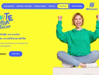 Banner da campanha Sorte Extra Ourocap da BB Seguros em fundo amarelo vibrante, mostrando uma mulher jovem e feliz de moletom verde comemorando sentada.