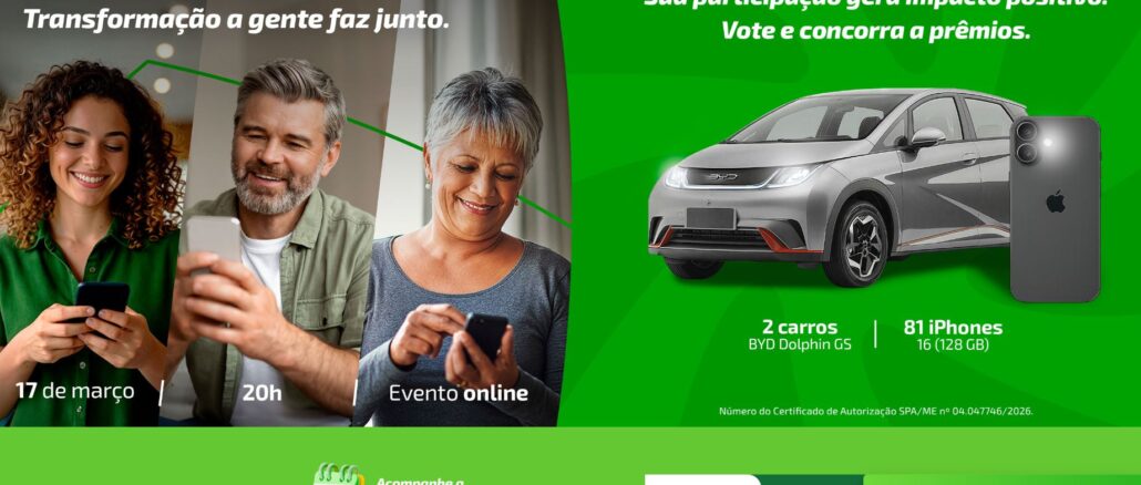 Sorteio Assembléia Sicredi Altos da Serra 2026 Anúncio das Assembleias 2026 do Sicredi mostrando três pessoas sorrindo ao usar celulares, um carro elétrico prata BYD Dolphin GS e um iPhone 16. O texto convida para o evento online em 17 de março às 20h para votar e concorrer a prêmios.