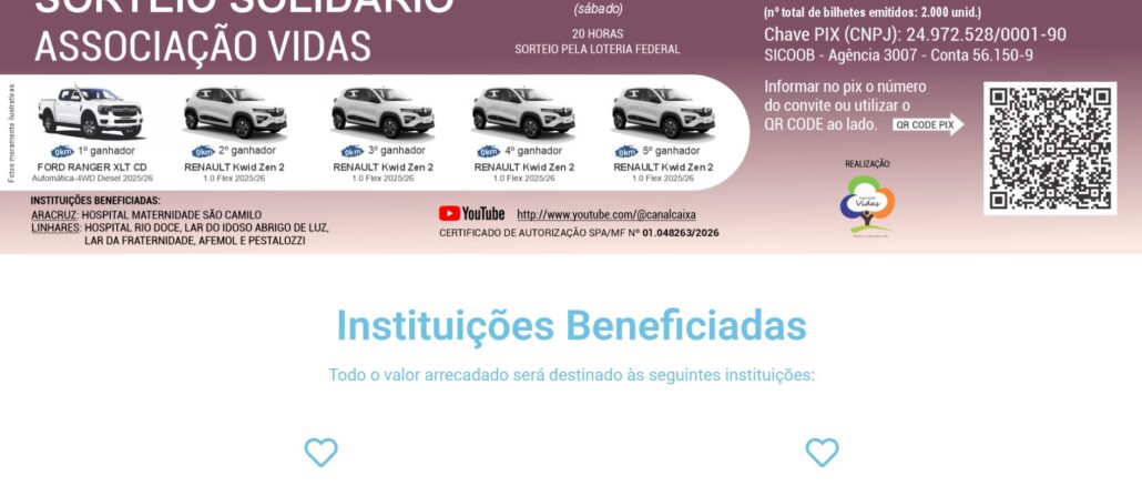 Banner digital do Sorteio Solidário da Associação Vidas apresentando cinco veículos brancos como prêmios. A imagem detalha informações sobre o sorteio agendado para 25 de abril de 2026, com bilhetes ao valor de R$500,00 e a lista de instituições de saúde e assistência beneficiadas em Aracruz e Linhares.