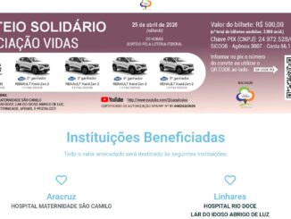 Banner digital do Sorteio Solidário da Associação Vidas apresentando cinco veículos brancos como prêmios. A imagem detalha informações sobre o sorteio agendado para 25 de abril de 2026, com bilhetes ao valor de R$500,00 e a lista de instituições de saúde e assistência beneficiadas em Aracruz e Linhares.