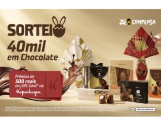 Banner promocional do programa Zé Compensa anunciando o sorteio de R$40.000 em chocolates. A imagem exibe diversos produtos da Kopenhagen, como ovos de Páscoa e caixas de bombons, cercados por ondas de chocolate derretido sobre um fundo bege claro. Um selo vermelho à esquerda destaca prêmios de R$500 em vales-presente.
