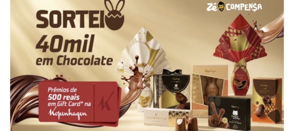 Banner promocional do programa Zé Compensa anunciando o sorteio de R$40.000 em chocolates. A imagem exibe diversos produtos da Kopenhagen, como ovos de Páscoa e caixas de bombons, cercados por ondas de chocolate derretido sobre um fundo bege claro. Um selo vermelho à esquerda destaca prêmios de R$500 em vales-presente.