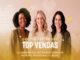 Três mulheres sorridentes de diferentes etnias posam juntas para a campanha Tex Cotton Top Vendas, em um fundo com corações pixelados.