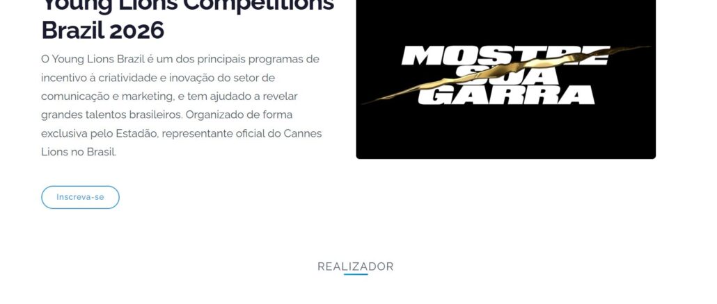 Young Lions Competitions Brazil 2026 Banner digital do Young Lions Competitions Brazil 2026 contendo informações sobre o programa de criatividade e o logotipo do Estadão como realizador.