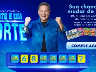 Anúncio promocional da Tele Sena Semanal com o apresentador Luís Ricardo sorrindo e comemorando. O destaque é a promoção Vinte e Um da Sorte com prêmio de R$50 mil em certificado de barras de ouro.