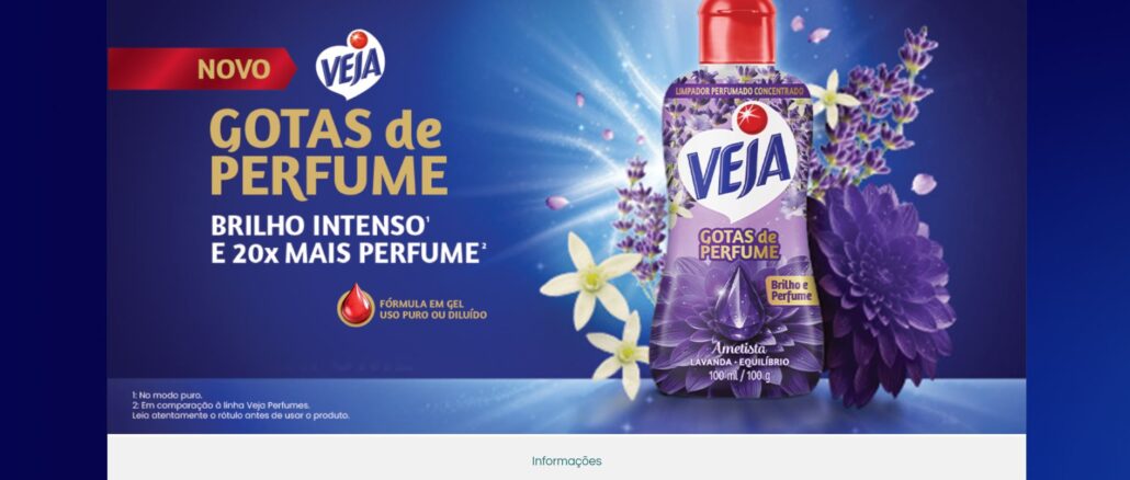 Anúncio publicitário do produto de limpeza Veja Gotas de Perfume, fragrância Ametista Lavanda, exibido no site The Insiders. A imagem destaca a embalagem do produto e os benefícios de brilho intenso e 20 vezes mais perfume.