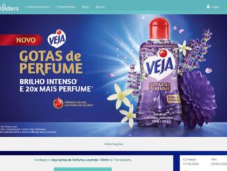 Anúncio publicitário do produto de limpeza Veja Gotas de Perfume, fragrância Ametista Lavanda, exibido no site The Insiders. A imagem destaca a embalagem do produto e os benefícios de brilho intenso e 20 vezes mais perfume.