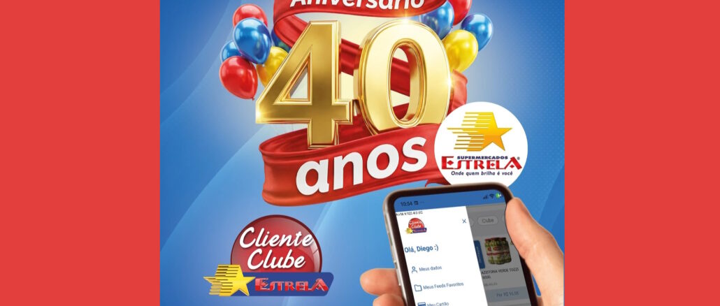 Imagem promocional dos 40 anos dos Supermercados Estrela apresentando um grande número 40 dourado cercado por balões coloridos e um smartphone com o aplicativo da rede.