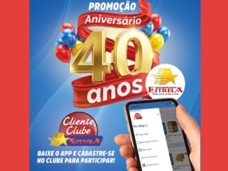 Imagem promocional dos 40 anos dos Supermercados Estrela apresentando um grande número 40 dourado cercado por balões coloridos e um smartphone com o aplicativo da rede.