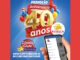 Imagem promocional dos 40 anos dos Supermercados Estrela apresentando um grande número 40 dourado cercado por balões coloridos e um smartphone com o aplicativo da rede.