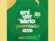 Arte promocional do Aniversário Premiado da Farmácia Preço Popular com fundo verde e detalhes em dourado. O texto central destaca os 20 anos de confiança da marca e convida o público a tirar dúvidas.