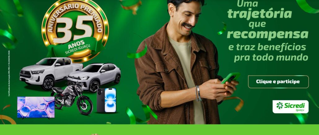 Banner promocional do Aniversário Premiado 35 Anos Sicredi Iguaçu, apresentando prêmios como caminhonete, SUV, motocicleta, televisão e celular, ao lado de um homem sorridente usando um smartphone.