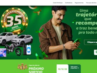 Banner promocional do Aniversário Premiado 35 Anos Sicredi Iguaçu, apresentando prêmios como caminhonete, SUV, motocicleta, televisão e celular, ao lado de um homem sorridente usando um smartphone.