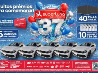 Banner publicitário comemorativo do aniversário de 37 anos do Superluna Supermercados com prêmios como carros, iPhones, TVs e vales-compra sobre fundo azul com balões.
