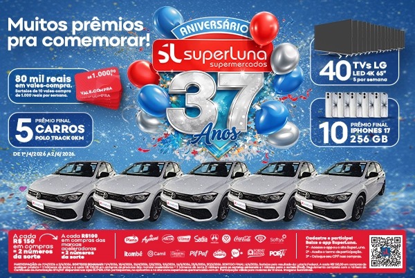 Banner publicitário comemorativo do aniversário de 37 anos do Superluna Supermercados com prêmios como carros, iPhones, TVs e vales-compra sobre fundo azul com balões.