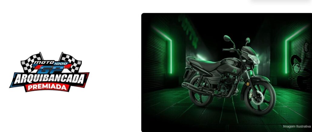 Imagem promocional da campanha Arquibancada Premiada Moto 1000 GP, destacando uma motocicleta preta em um cenário com iluminação neon verde, acompanhada pelos logotipos da Triumph e da promoção, além de informações sobre o evento em Interlagos.